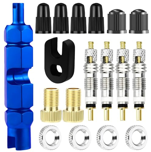 UGBO Kit Riparazione Pneumatici Smonta Valvole 4 Pz Presta Nucleo Valvola Bici 2 Pz Bicicletta Adattatore 4 Pz Dadi del Cerchione 6 Pz Cappucci delle Valvole per MTB Auto Biciclette Motocicli