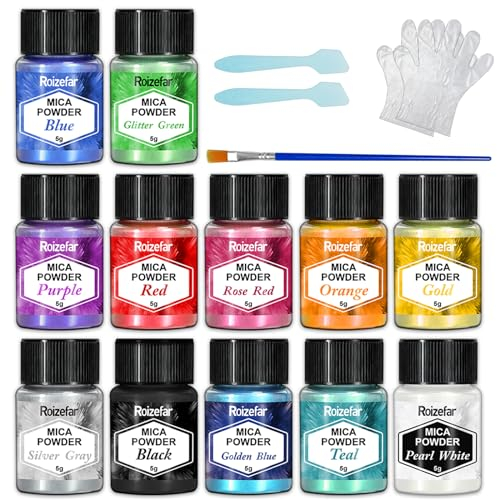 Roizefar Epoxidharz Farbe Mica Pulver, 12 Farbe*5g Perlglanz Epoxidharz Pigment metallischer Pulver für Seifenfarbe, Schmuckherstellung, Nagellack, Kerzenherstellung, Badebomben, Schleim