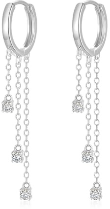 Hasnsofie Silber 925 Creolen Ohrringe Hängend, 925 Silber Runde Creolen | Hypoallergen Lang Quaste Kette Hängeohrringe mit Zirkonia, Kleine Kreolen mit Geschenkbox, Nickelfrei für Damen, zur Feier