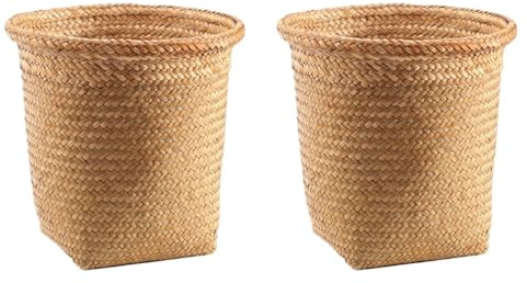 Amosfun 2 Pièces Panier à Linge Sale Poubelle De Salle De Bain En Osier Poubelle De Salle De Bain Tissée Organisateur De Stockage Paille Corbeille Bambou