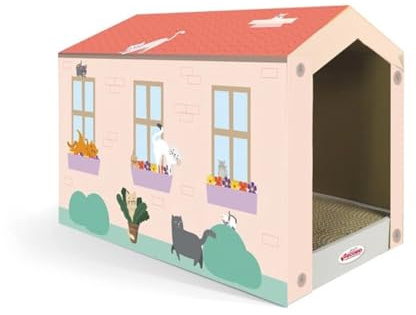Record - Rascador para Gatos - Estructura de cartón - Simpática casita pequeña - Dimensiones: 48,5 x 25 x 34 cm - Contiene Catnip - Cama para Gatos