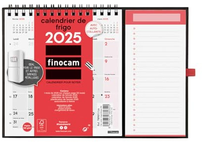 Finocam – Calendrier Neutre avec Aimant pour écrire 2025 1 mois par page Janvier 2025 – Décembre 2025 (12 mois) Français
