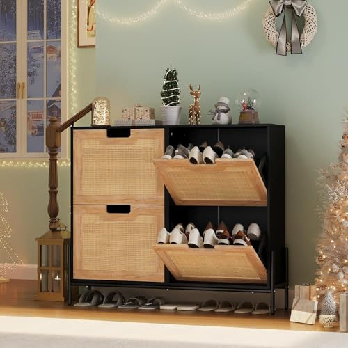 Litake Schuhkommode mit 4 Flip Schuhschrank mit 8 Einstellbar Ablageflächen-Natürliches Rattan Schuhschrank Schmal hergestellt aus Robustem Material für Diele,Eingang,100x24x88cm