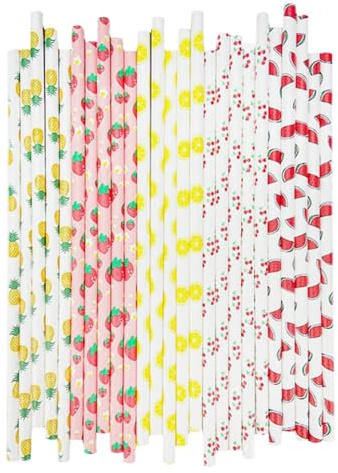 100 pajitas con patrón de frutas, pajitas de papel coloridas, pajitas de verano para bebidas frías, cócteles, jugos, fiestas, popotes de papel decorativos para cumpleaños, vacaciones, multicolor