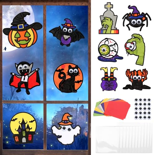 MONCAP 12 Stück Halloween Bastelset Kinder Halloween Deko Basteln Halloween Fensterbilder Papierbastelset Halloween Fenster Kreativsets für Mädchen Jungen Halloween Party Geschenk Kreative DIY
