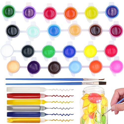 FUNSHOWCASE Glasfarben 34er Set 24 Acrylfarben 6 Linienstifte 4 Pinsel für Glasmalerei Fenstermaler Wasserfest
