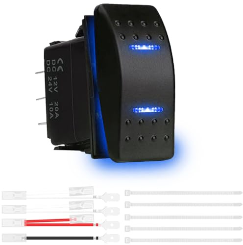 MKBKLLJY 1St Taster (EIN)-AUS-(EIN) 3Positionen Schalter wasserdicht DC 12V/20A 24V/10A 7polig DPDT blaue LED Leuchte mit Jumper Kabelsatz und Kabelbindern für Boot LKW PKW Wohnmobil Motorrad