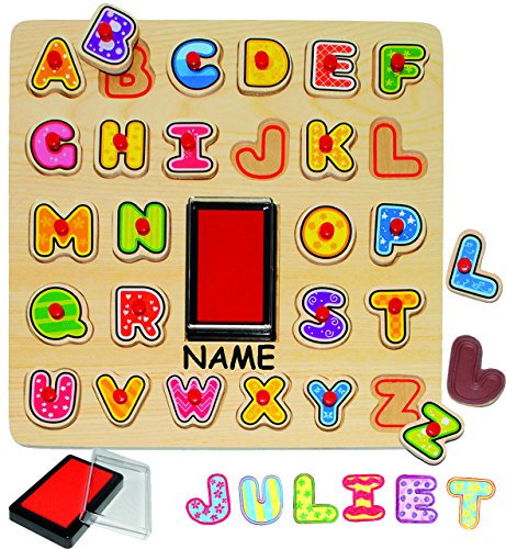 alles-meine.de GmbH 27 TLG. Set Stempelset Steckpuzzle & Stempel - mit Griffen - Buchstaben - Wörter - ABC - incl. Name - aus Holz - 26 Teile mit großen Stempelkissen - g..