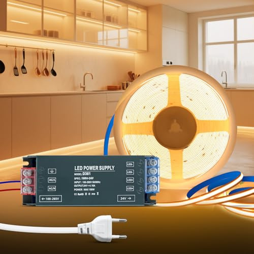 KSIBNW Tira LED COB 24V Autoadhesivo, 5M Luces LED Habitación Blanco Caldo 3000K Cortable Flexible 320LEDs/M Tira Luces Ancho 8mm con Transformador 24V y Cable de Alimentación para Cocina, Espejo