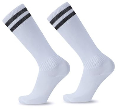 Wioklwe Calzini da calcio per bambini da 5 a 13 anni, traspiranti, calzini lunghi da calcio per bambini, ragazzi e ragazze, per corsa, allenamento, rugby, hockey, bianco, One Size