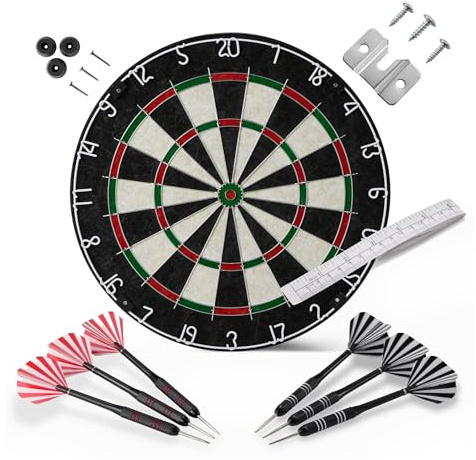 Amazon Basics, Set Bersaglio con 6 Freccette a Punta in Acciaio, Fibra di Sisal Autorigenerante, Design con Filo Metallico Sottile, Kit di Montaggio Completo, 45,7cm, Nero