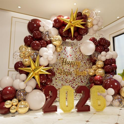 Kit de guirlande d'arche de ballons bordeaux, ballons en latex bohème blanc sable bordeaux et or chromé avec ballons en forme d'étoile explosion pour mariage, fête prénuptiale, anniversaire, vin