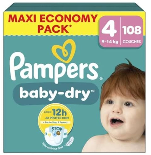 Pampers Baby-Dry Taille 4, 108 Couches, 9kg-14kg, Une Nuit Confortable Jusqu’À 100% Sans Fuites