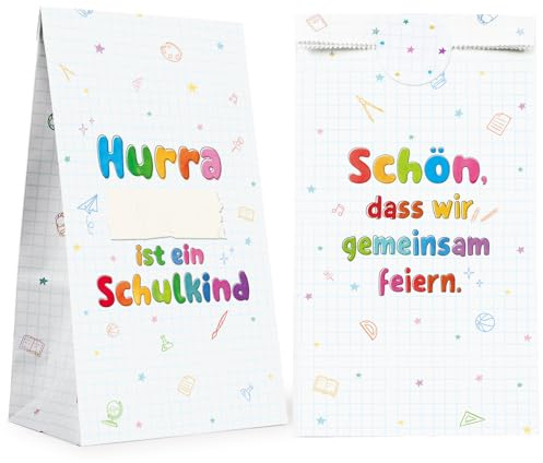MEJOSER 12 Stück Geschenktüten Einschulung Geschenk Schulkind Papiertüten Mitgebsel Tüten Schultüten zum Befüllen Beschriften mit 12 Aufkleber Geschenke Verpackung Schulanfang Gastgeschenke