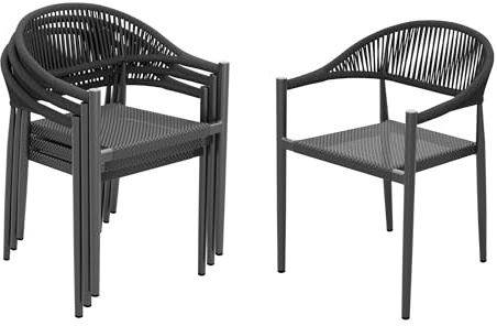 Vmopu Essstühle 4er-Set, Gartenstühle Outdoorstühle stapelbar, wasserfester Handgeflochtenes HDPE Rattan & Aluminium Sessel, für Garten Hinterhof Pool-Bereich Restaurant (Schwarz)