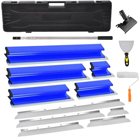 Kit d'enduit de surfaces comprenant un enduit de façade 20/40/60/100 cm, une spatule à lisser, unes manche télescopique, une mallette de transport et un jeu de spatules en Z pour plaquistes - Blue