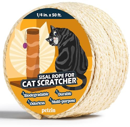 PELZIN Natural Sisal Rope for Cat Scratcher 6mm x 15m, Cat Scratching Post Replacement Rope, Cat Tree Twine for Scratching Post Repair, Recover, Replace and DIY, White