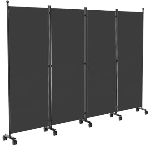 Monucep Paravent Raumteiler 228x181x30cm, 4 Teilig klappbar Freistehend Trennwand auf Rollen und Bremsen, Umkleide Sichtschutz Wand Raumtrenner, Stellwand für innen Outdoor Garten Büros, Dunkelgrau