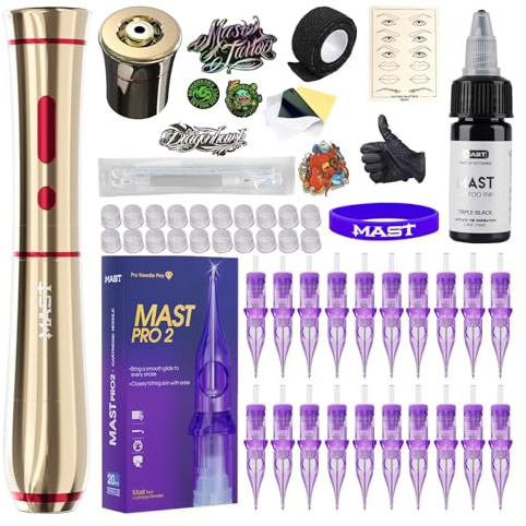 Mast P40 Kit Macchinetta Tatuaggio Senza Fili, Penna Tatuaggi Rotativa | 20 Cartucce Aghi, Per Sopracciglia, Labbra, Eyeliner, Corpo Leggero E Sottile, Per Artisti Dorato