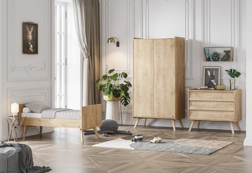 QMM TraumMoebel Babyzimmer Kinderzimmer Vienna komplett Set A Kleiderschrank Kommode Wickelaufsatz Bett (Eiche)