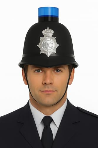 MIMIKRY Bobby Helm mit Sirene & blauem Blinklicht - Polizei-Kostümhelm mit Abzeichen, LED-Blaulicht & Sound - Englischer Polizeihelm für Erwachsene Britischer Polizist