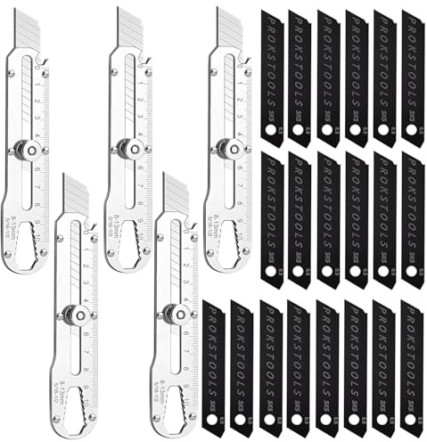 Generic 5 Pcs 10-in-1 Multi-Function Box Cutter Set, Utility Knife Steel Stainless, with Sk5 20 Knife Heads Heavy Duty Snap Off, Silver, DIY, Crafts, Office, 5.5 in / 14 Cm