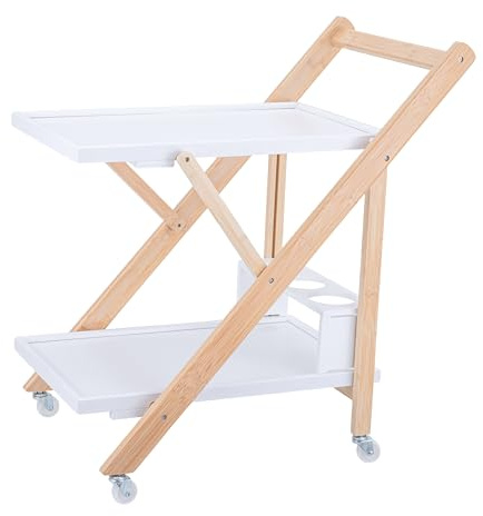 Relaxdays Servierwagen Bambus, Küchenwagen klappbar, Flaschenhalter, Rollwagen 2 Etagen, HBT: 70x44x39,5 cm, weiß-Natur