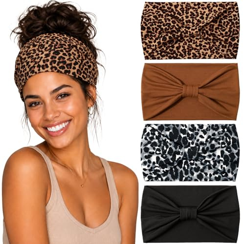 KAVYA Cintas para la cabeza para mujer, 4 piezas de cinta ancha estilo boho, diadema elástica suave para el pelo, yoga, adorno para mujer y niña