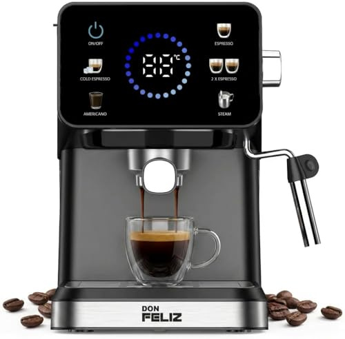 Don Feliz Máquina de café Digital, 20 Bar, 1350W, Cafetera Compatible con cápsulas Nespresso, Pantalla LCD, Vaporizador Acero Inoxidable, Depósito 1.5L