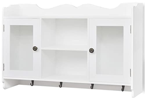 Mhdvray Mobile sospeso bianco con 2 ante in vetro e 4 ganci, vetrina sospesa in MDF laccato, per cucina, corridoio, soggiorno, armadietto da parete per cucina, bagno, stile rustico, 68 x 17 x 44 cm