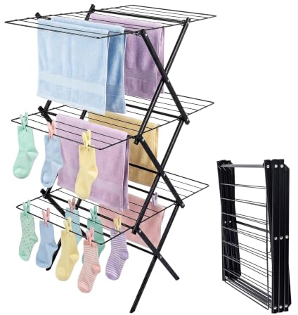 Relaxdays Wäscheständer klappbar, 27 Stangen, schwarz | HBT: 115 x 53,5 x 52 cm, Metall, platzsparender Turmwäscheständer