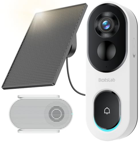 BOTSLAB Solar Doorbell Camera Wireless for Home Security, No Monthly Fee | Battery Solar Powered, 2K HD Head-to-Toe View, Night Vision, Live View Two Way Talk, 2.4GHz WiFi, Smart Alert, Chime Included