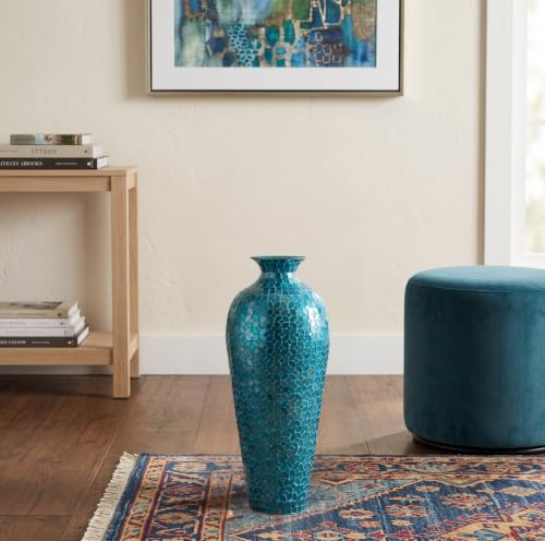 DecorShore 20” Tall Mosaic Floor Vase, Handmade Turquoise Metal Vase with Moorish Floral Glass Inlay, Decorative Accent for Living Room, Bedroom, Entryway & Table Centerpiece