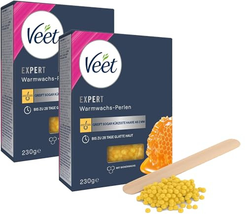 Veet Expert Warmwachs Perlen - Waxing Perlen mit Bienenwachs für die Haarentfernung mit elektrischen Warmwachsgeräten & Wasserbad - 230 g (2er Pack) Wachsperlen mit Holzspatel