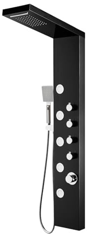 ROVOGO Shower Panel Tower System with Rainfall Waterfall Shower, 5 Body Jets and 3-Setting Handheld, 304 Stainless Steel Shower Column Wall-Mount, Black