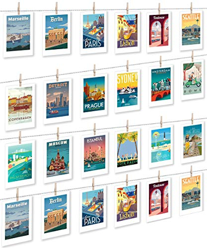 LeTOMA Fotoseil ideal um möglichst viele Fotos und Kinderzeichnungen aufzuhängen - 20 Meter hochwertige Schnur und 50 rustikale Mini-Holzklammern verwandeln Jede Wand in EIN einzigartiges Kunstwerk