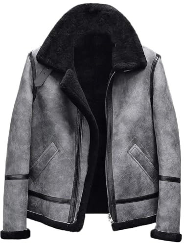 Herren Schaffell-Jacke B3 Flugjacke Fliegerjacke Wintermantel Pelz Bomber Lederjacke Braun, Grau, L