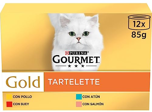 GOURMET Gold Tartelette, Comida Húmeda para Gato Adulto, Paté, Surtido de Pollo, Buey, Atún y Salmón, 8 Packs de 12 Latas de 85 g. (96 latas)