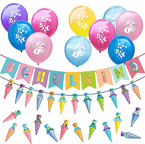 Oblique Unique® Schuleinführung Schulanfang Einschulung Deko Set - Schulkind Girlande + ABC 123 Luftballons + Zuckertüten Girlande + Konfetti Set