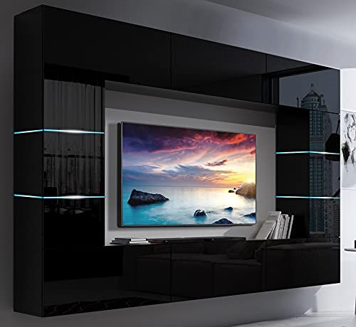 Furnitech Wohnwand Wohnzimmer - Wohnzimmer Möbel mit LED Weiß - Hängend Wohnwand Modern Schrankwand mit Regale und TV Schrank (Future 61/HG/B/1 1B)