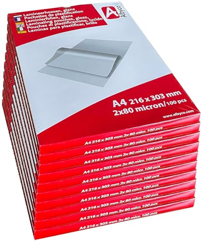 Albyco Laminierfolien, Laminiertaschen im A4-Format | Laminierfolie | Glänzend | Ab 10 Packungen à 100 Stück | Dicke 2x80 | (160) Mikron