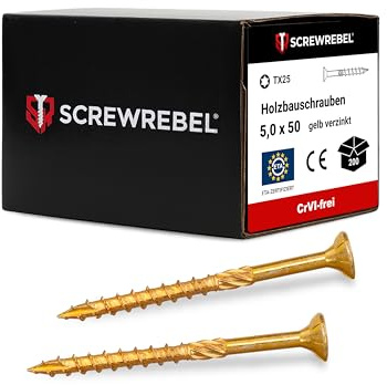 Holzbauschraube 5x50 mm - 200 Stück, gelb verzinkt, TX 25, Cut-Spitze, Reibteil, ETA | SCREW REBEL