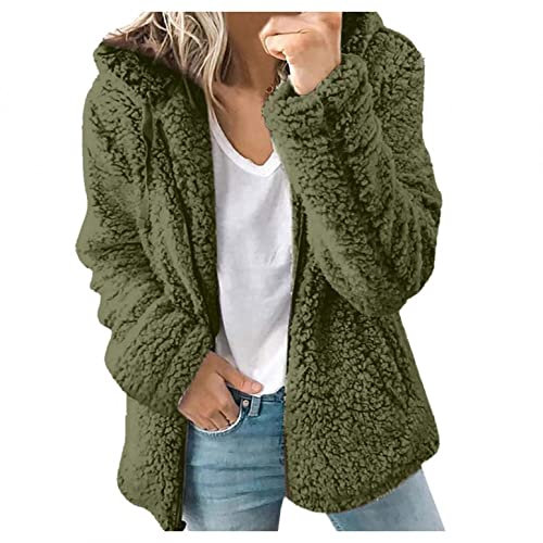 Kanpola-Outerwear-1110 Damen Sweatshirts Plüschjacke Winterjacke Teddy Warm Hoodie Pullover Mit Kapuze Winter Reißverschluss mit Tasches Einfarbig Lässige Jacken Mantel Oberteile,Grün,4XL