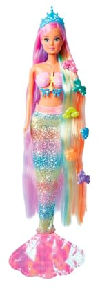 Simba 105733610 - Steffi Love Rainbow Mermaid, Ankleidepuppe als Regenbogen Meerjungfrau mit bunten Haaren, Haarclips, Kamm und Abnehmbarer Flosse, 29cm Spielpuppe, ab 3 Jahren