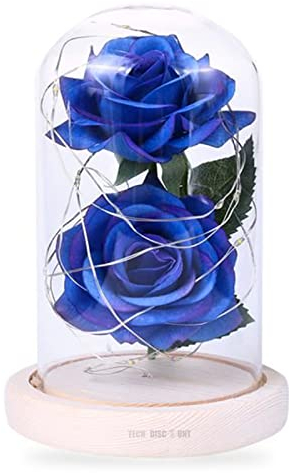 rose éternelle sous cloche en verre la belle et la bête fête des mères fleur bleu décoration lumineuse avec support à poser boît