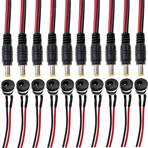 RUNCCI-YUN 18AWG 12V 5A DC Panel Mount Stecker, 12V DC Verbinder 5,5 mm x 2,1 mm, DC-Hohlstecker +10 Stück 5,5 mm x 2,1 mm DC Power Jack Socket mit Kabel, für Audio/Video/Überwachungskameras