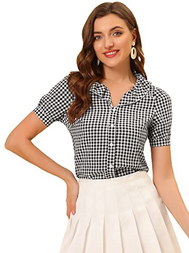 Allegra K Chemisier à carreaux pour femmes, manches bouffantes, col claudine à volants, haut chemise, noir, Taille XL