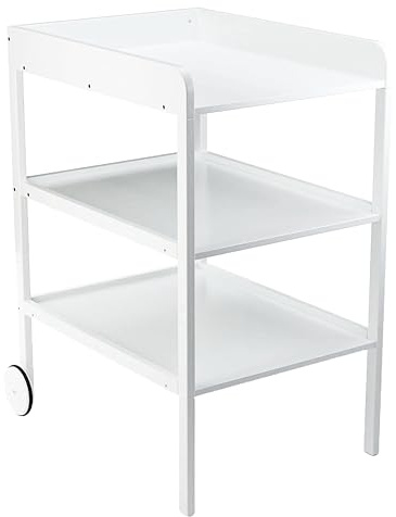 Geuther Wickelregal Clarissa XL | Wickeltisch aus massivem Buchenholz | Platzsparende Baby Wickelkommode mit Rollen & geräumigen Ablageflächen | Für Wickelunterlage bis 72x56 cm | Weiß
