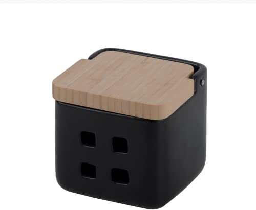 KOOK TIME Pot de Conservation d'Ail en Céramique avec Couvercle en Bois de Bambou - Idéal pour le Rangement et la Conservation de l'Ail, Oignon et Échalote - 11,5x11,5x11,5 cm - Noir mat