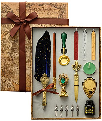 Feder Quill Set, Quill Set Antike Kalligraphie Dip mit Tinte, Feder Kalligraphie Stift Tinte Set mit Ersatzspitzen, Tinte, Wachssiegelstäbchen, Löffel, Siegelstempel, Kalligraphie Dip